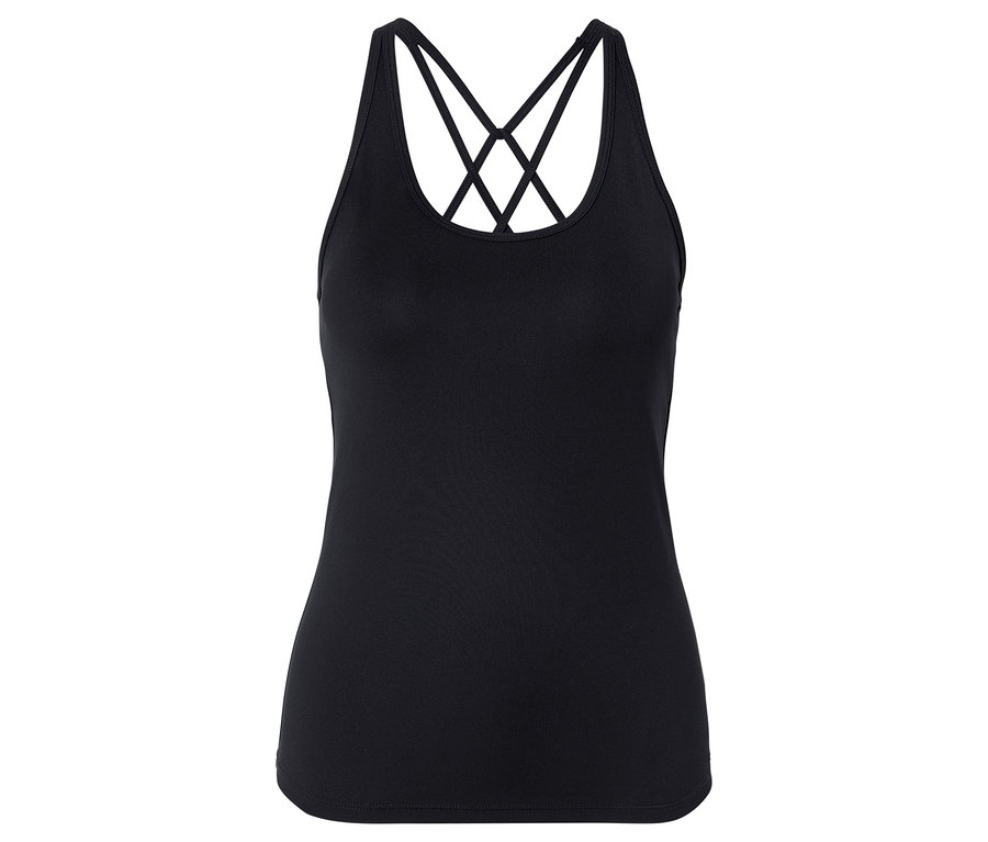 Černé tílko se zkříženými ramínky na zádech.