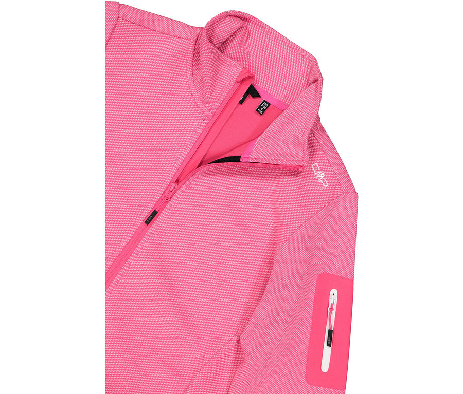 Detail růžové bundy CMP se zipem a kapsou na rukávu.