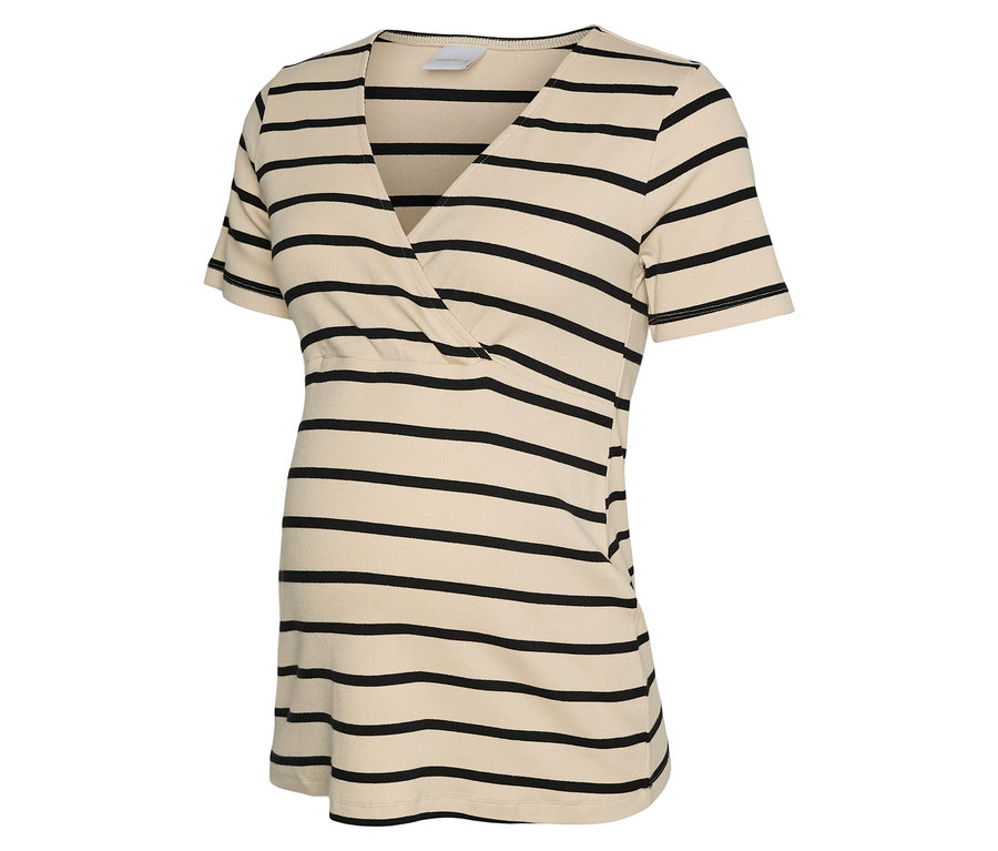 Těhotenský top s béžovými a černými pruhy s výstřihem do V.