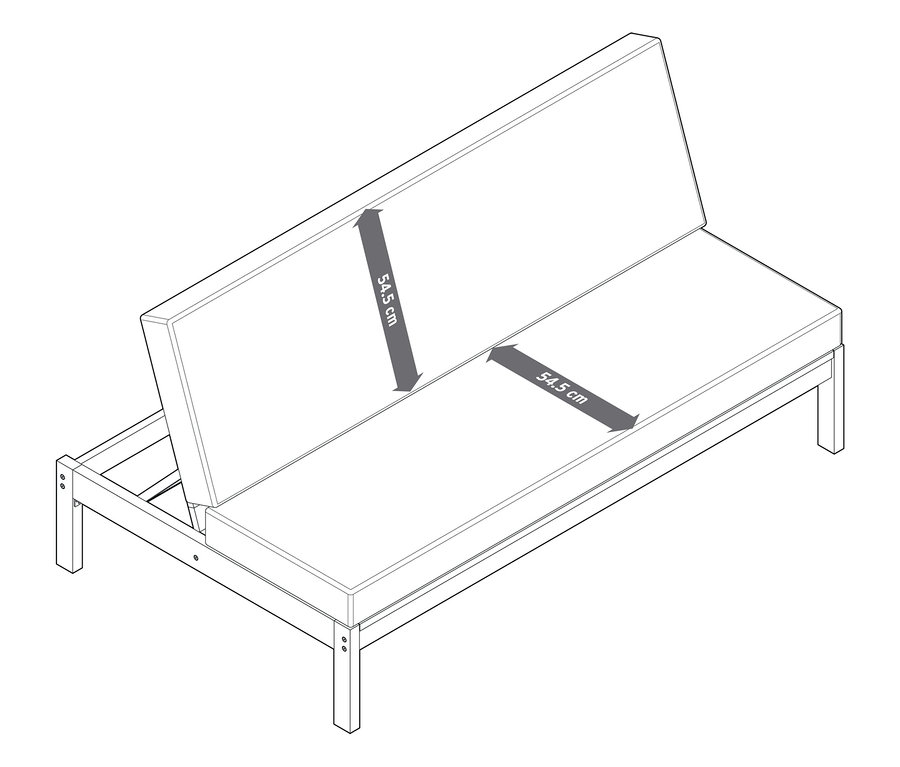 Rozložená zahradní lavice 2 v 1 – dvojité lehátko s uvedenými rozměry.