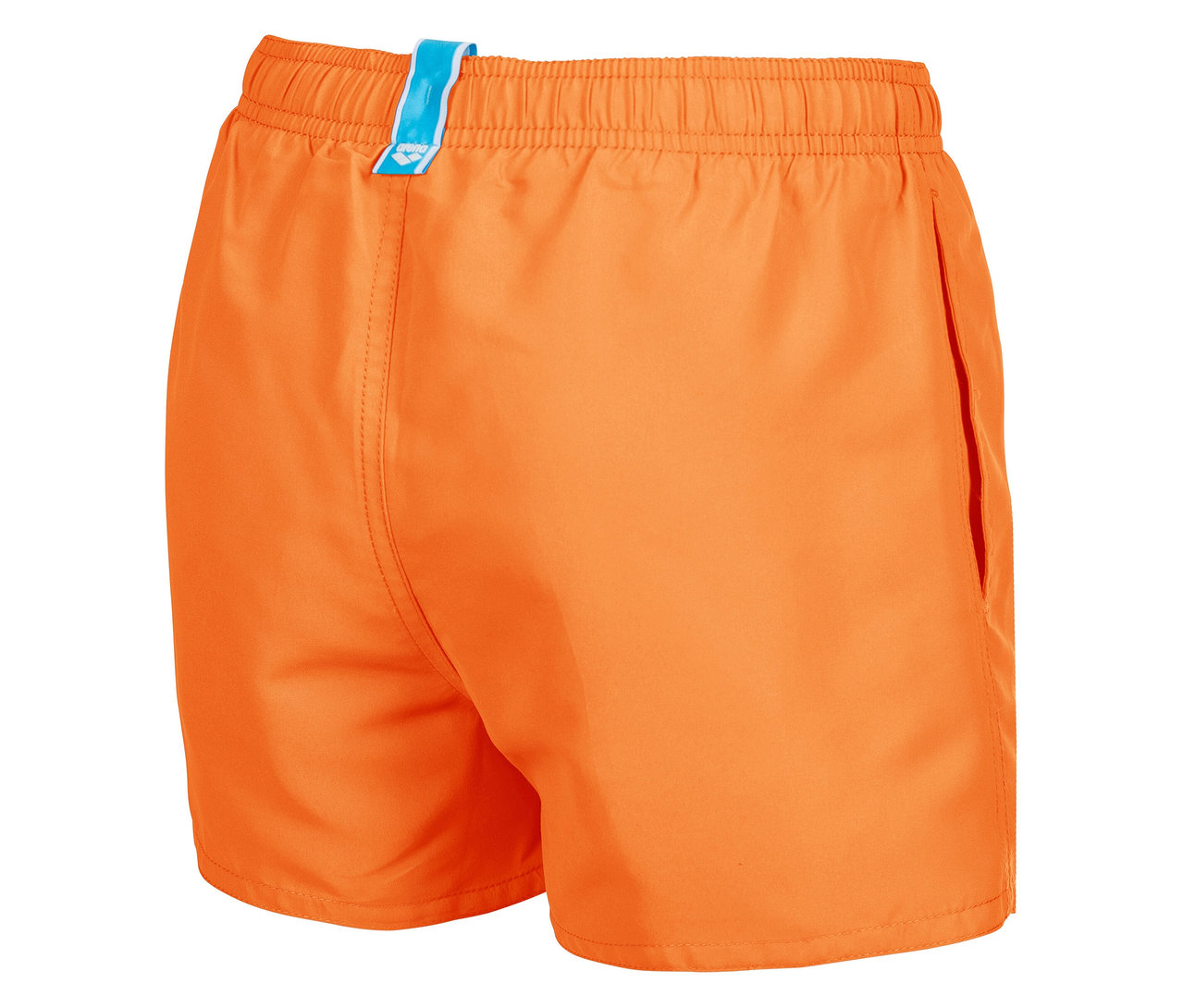 Detail oranžových plavek se šňůrkou a kapsou.