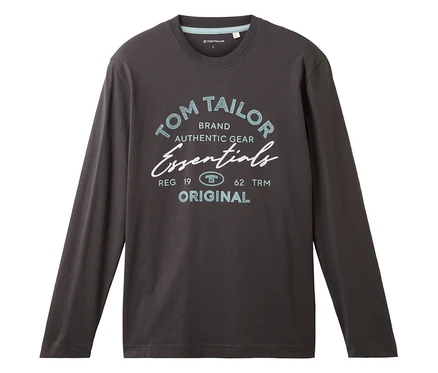 Šedé tričko s dlouhým rukávem s potiskem "TOM TAILOR BRAND AUTHENTIC GEAR Essentials ORIGINAL".