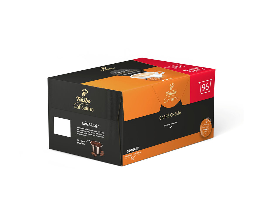 Černo-oranžové balení kávových kapslí Tchibo Cafissimo Caffè Crema s 96 kapslemi.