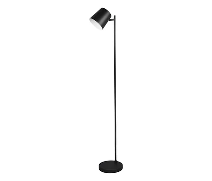 Černá dobíjecí stojací lampa Reality »Blake« s tenkou tyčí, kulatou základnou a nakloněným válcovým stínítkem.