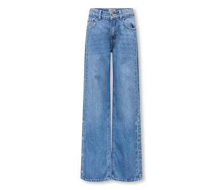Modré široké džíny ze světle modrého denimu se stříbrnými knoflíky podél vnějších švů.