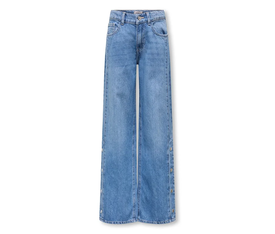 Modré široké džíny ze světle modrého denimu se stříbrnými knoflíky podél vnějších švů.