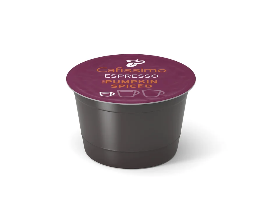 Jedna kávová kapsle Cafissimo Flavoured Espresso Pumpkin Spiced s tmavě hnědým tělem a víčkem bordové barvy.
