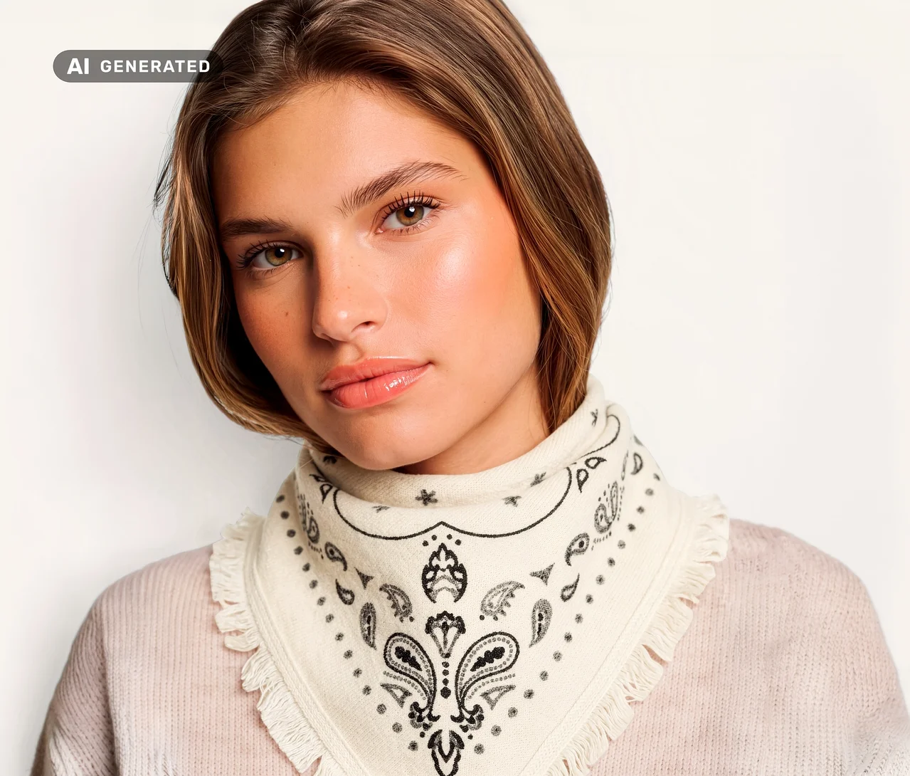 Mladá žena má na krku krémový pletený šátek bandana s vlnou a kašmírem s černým paisley vzorem.