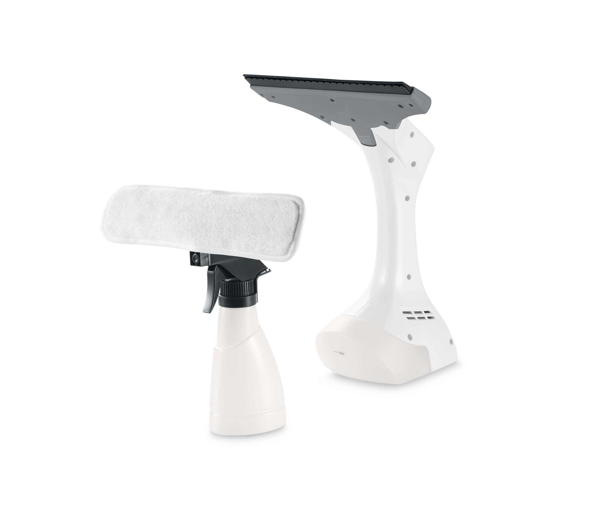 Sprejová láhev a vysavač na okna.