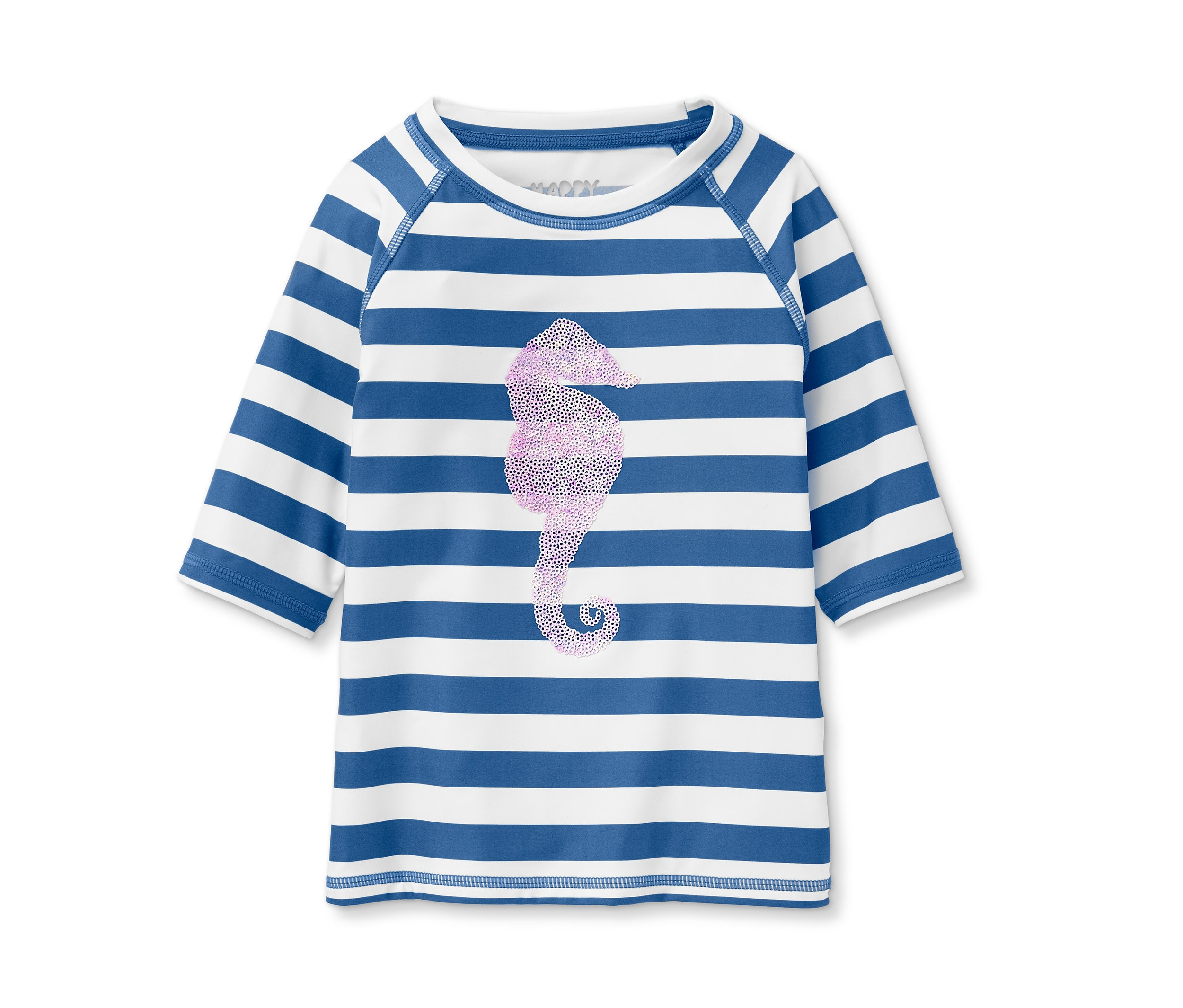 Modro-bílé pruhované tričko s flitrovým mořským koníkem.