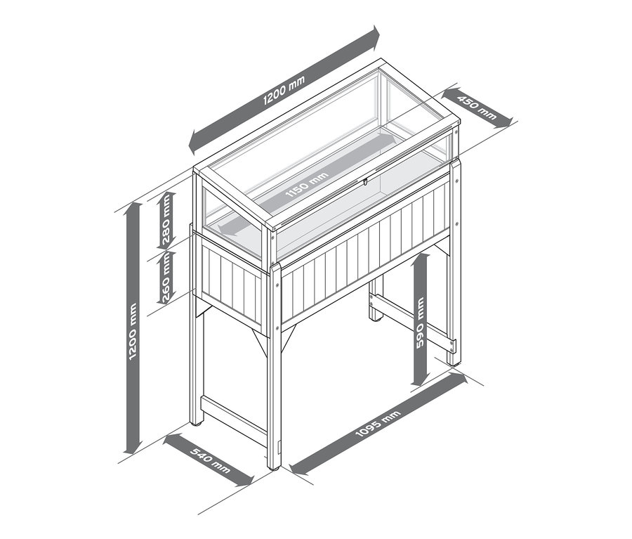 Nákres vysokého truhlíku Jonte s odnímatelným skleníkovým nástavcem a uvedenými rozměry.