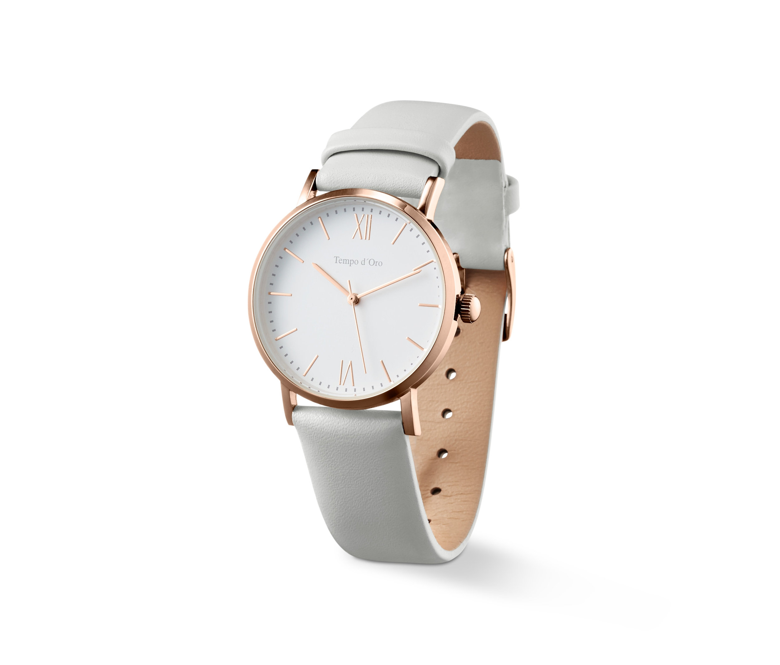 Detail dámských hodinek s koženým řemínkem.