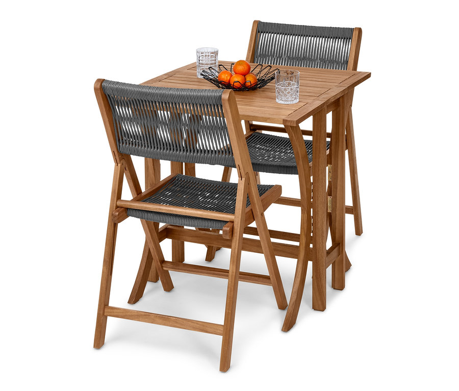 Skládací sada na balkón se dvěma židlemi a stolem. Na stole je mísa s ovocem a dvě sklenice.