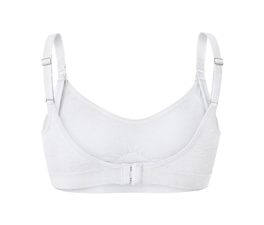 Detail bílé bezešvé podprsenky na kojení z pohledu zezadu.