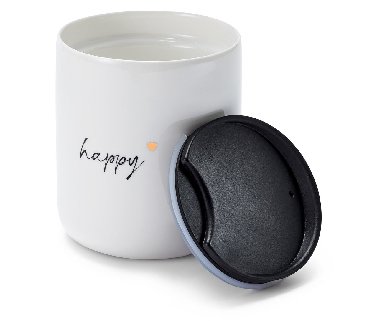 Bílý porcelánový hrnek s víčkem a nápisem happy.