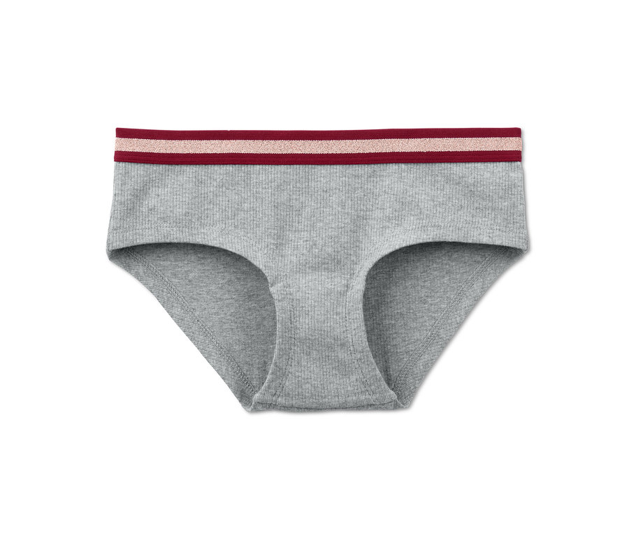 Šedé kalhotky hipster s bordó-růžovým pasem.