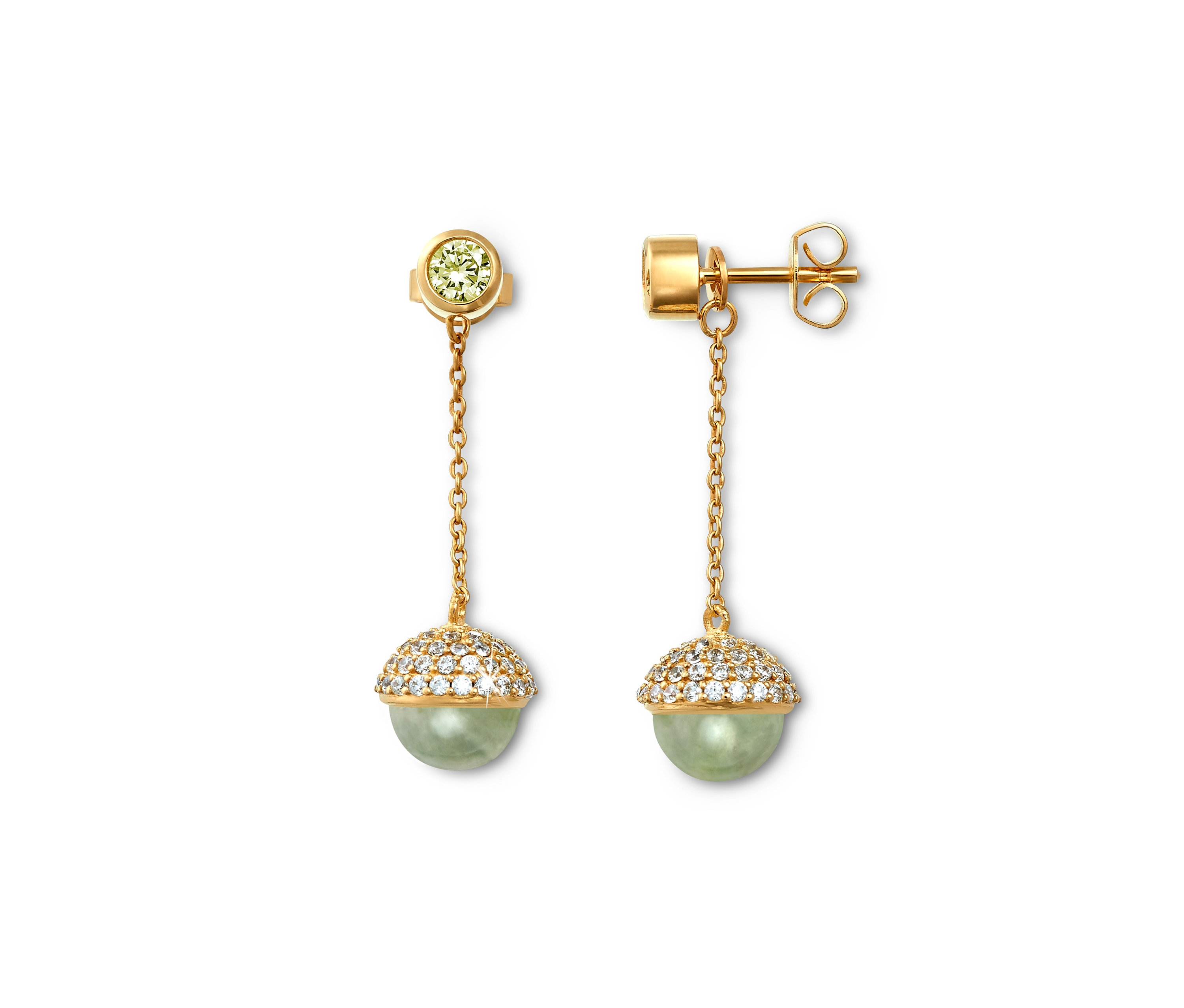 Dvoje pozlacené stříbrné náušnice s prehnitem a zirkony.