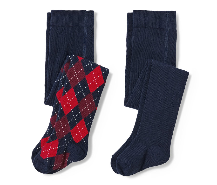 Dvoje dětské punčochové kalhoty se skotským kosočtvercem.