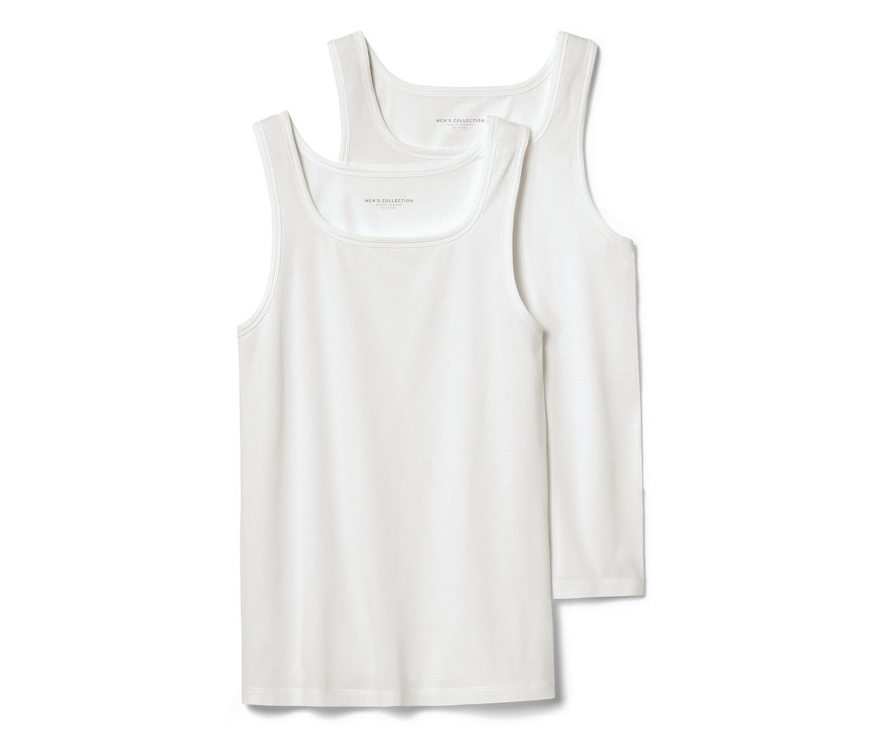 Dvě bílá žerzejová tílka, 2 ks, leží na sobě.