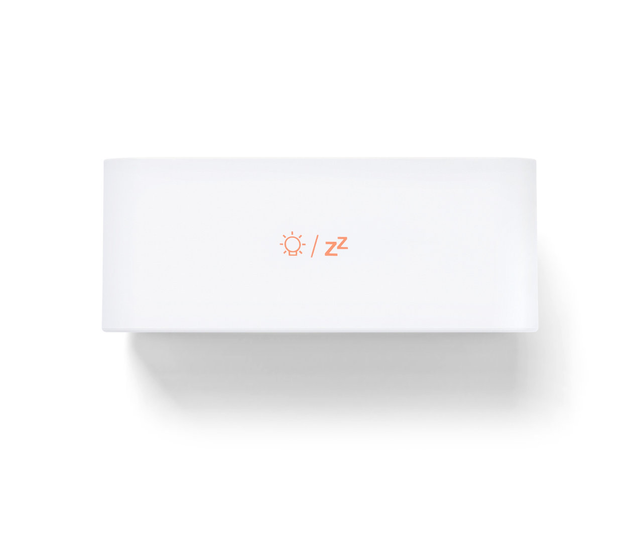 Bílý digitální LCD budík s ikonou slunce a písmeny Z v oranžové barvě.