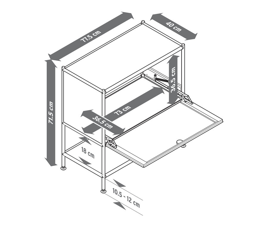 Náčrt bílé odkládací skříňky CN3 s jedněmi výklopnými dvířky a uvedenými rozměry.
