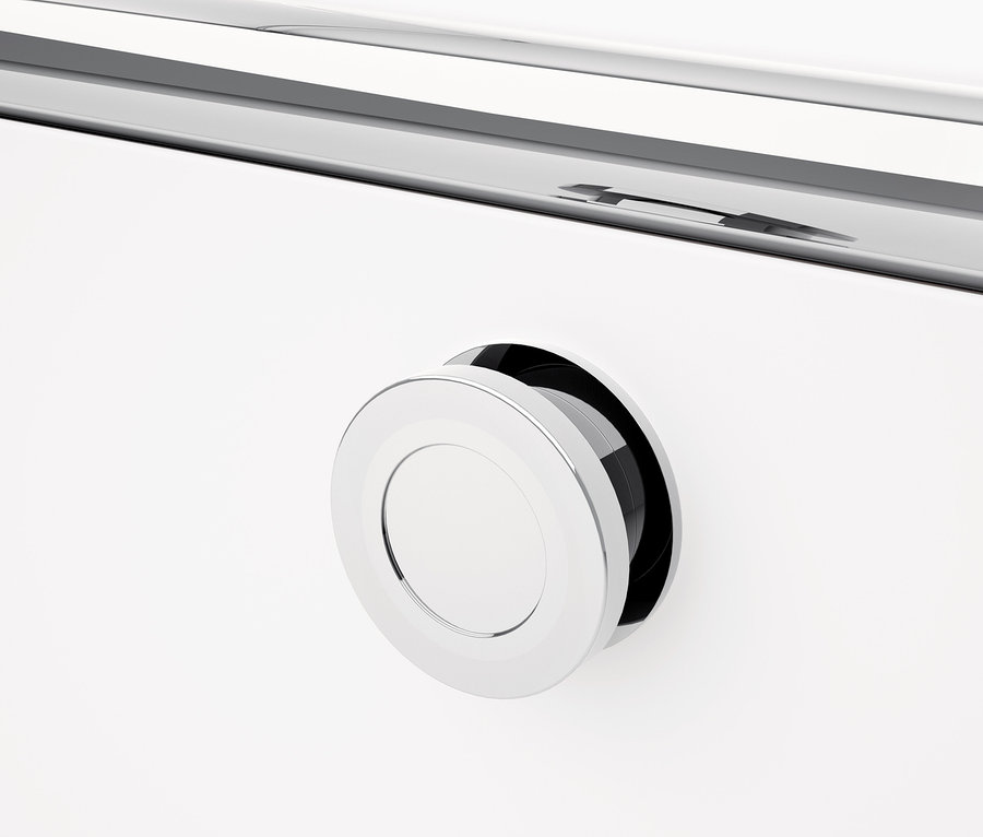 Detail bílého kovového nábytku CN3 s kulatou rukojetí.