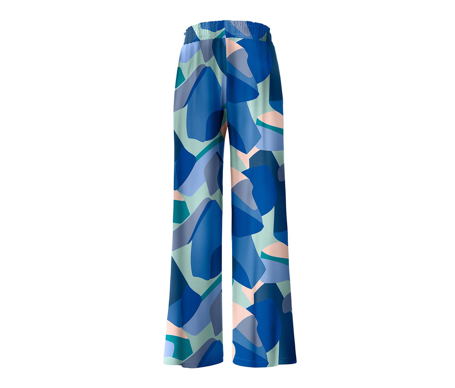 Pohodlné kalhoty s modrým a zeleným geometrickým vzorem.