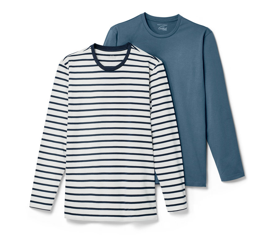 Dvě trička s dlouhým rukávem: jedno modré a jedno bílé s tmavě modrými pruhy.