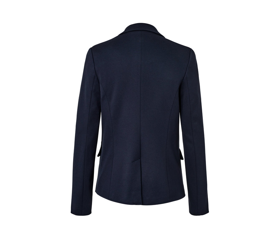 Tmavě modré žerzejové sako zezadu.