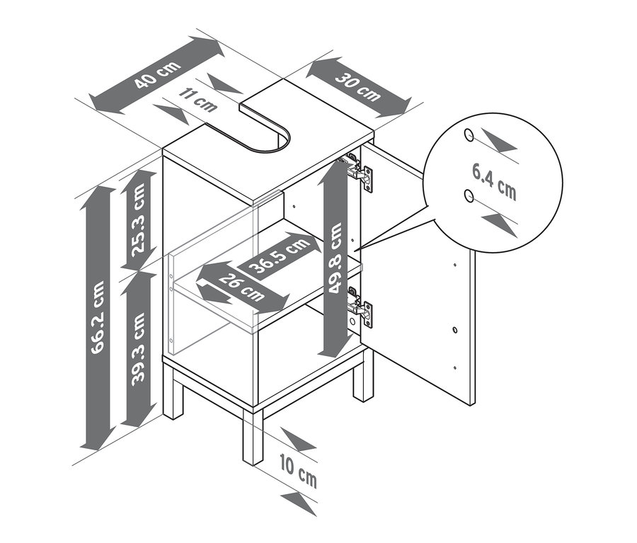 Rozměry malé skříňky pod umyvadlo »Eklund«.