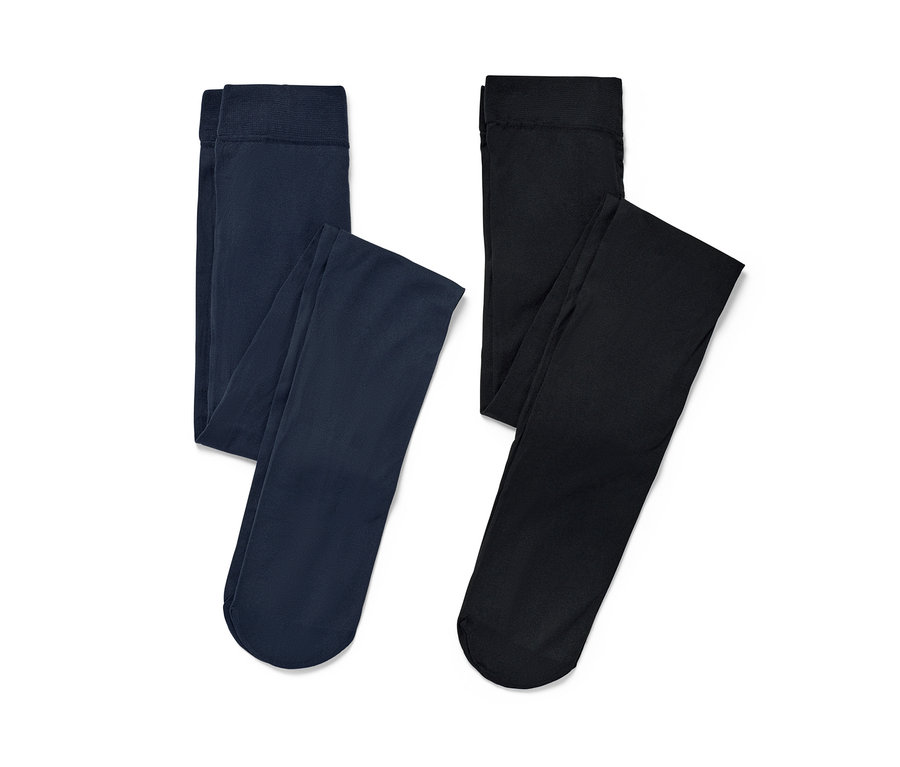 Dvoje dětské nylonové punčocháče: jedny tmavě modré a jedny černé.