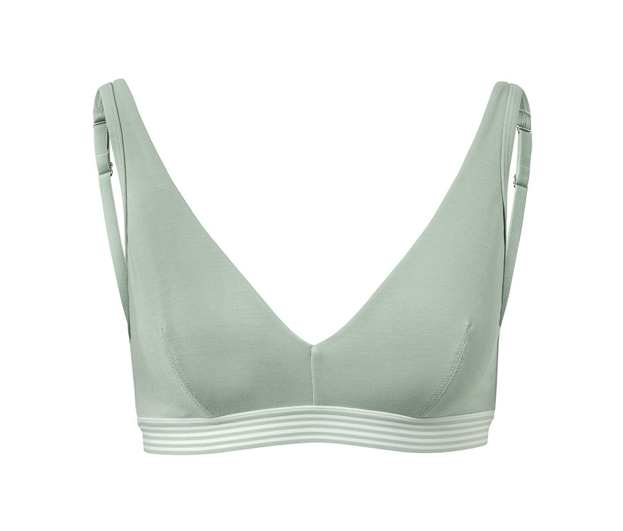 Světle zelená měkká podprsenka s tenkými ramínky a pruhovaným lemem.
