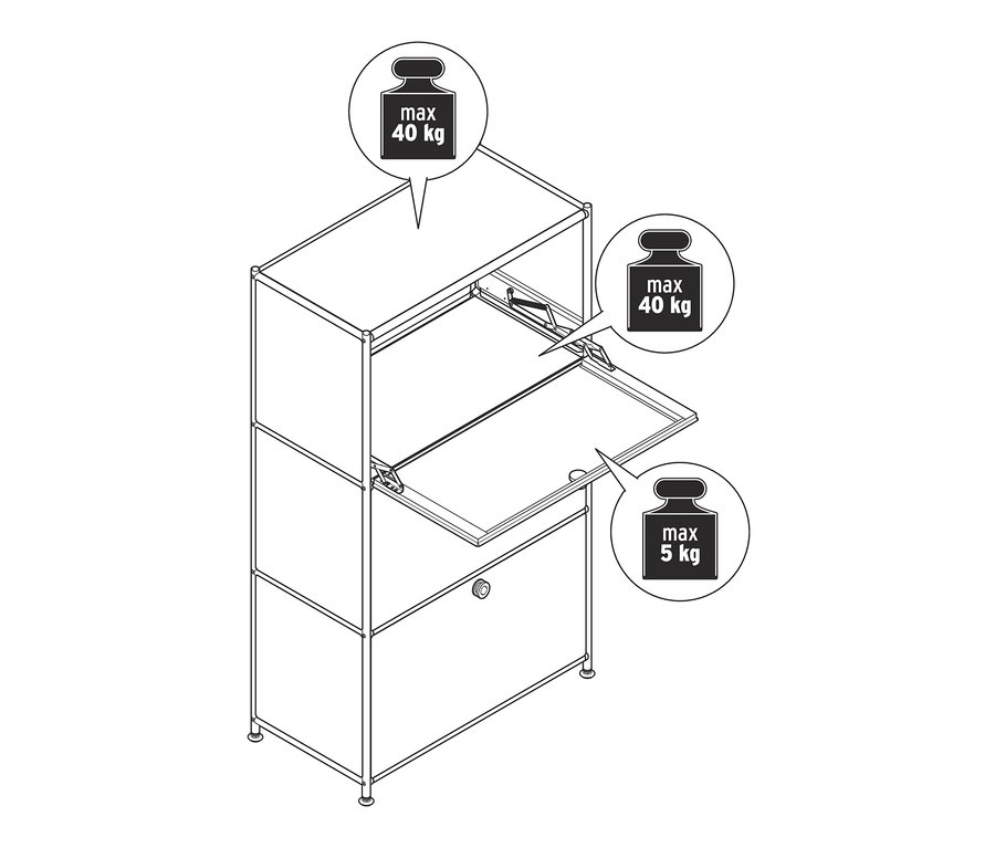 Nákres komody »CN3« se 3 výklopnými dvířky, přičemž horní a prostřední jsou otevřená. U horních dvou je uvedeno max. zatížení 40 kg, u spodních 5 kg.