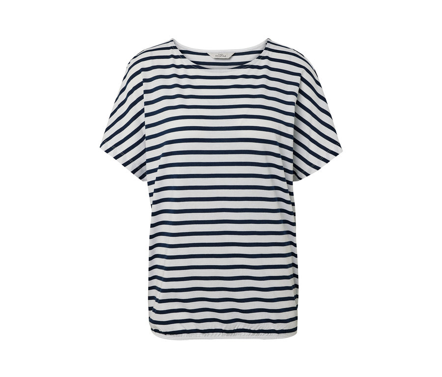 Proužkované halenkové tričko se spadlými rameny.