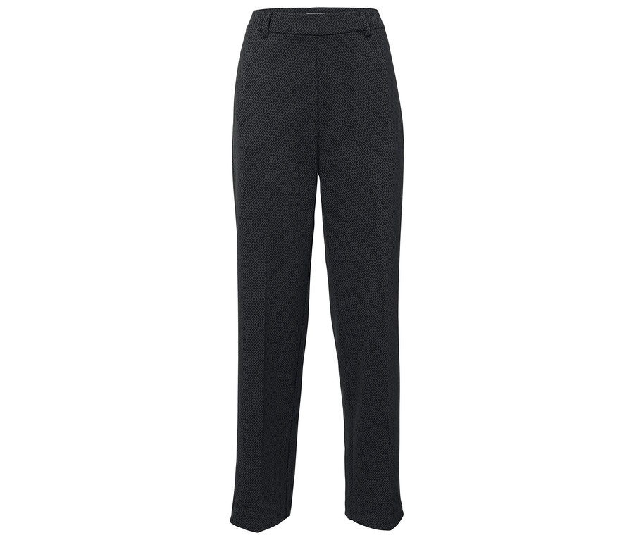 Černé kalhoty s geometrickým vzorem.