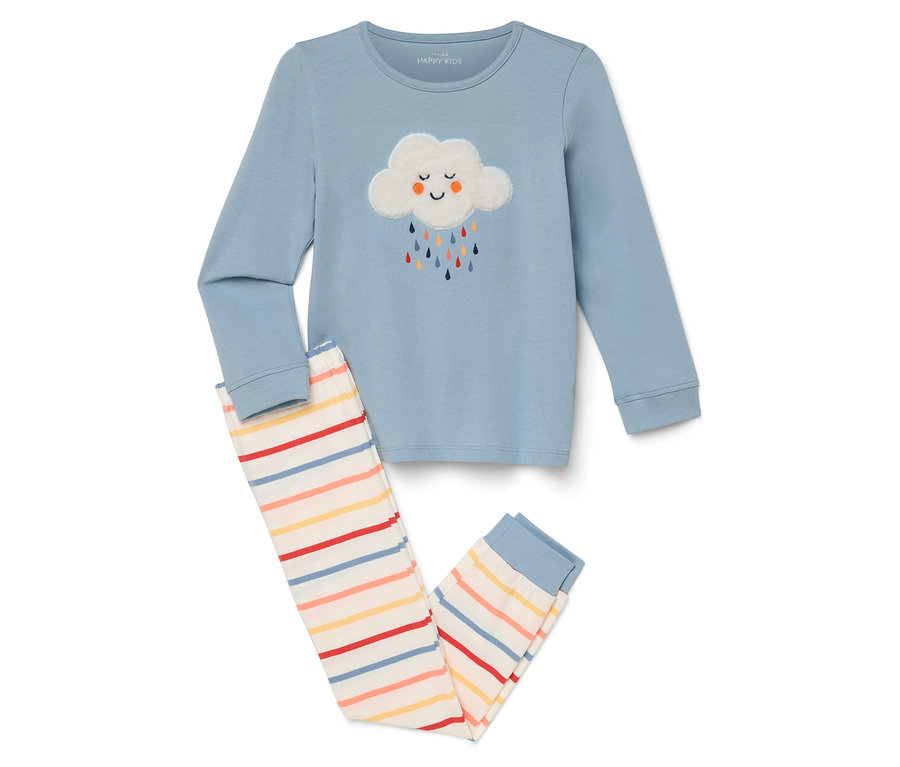 Modré pyžamo s dlouhým rukávem a proužkovanými kalhotami.