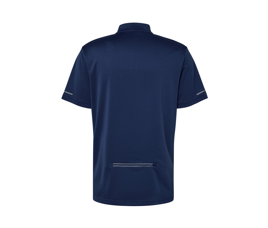 Tmavě modrý cyklistický trikot s krátkým rukávem a reflexními prvky.