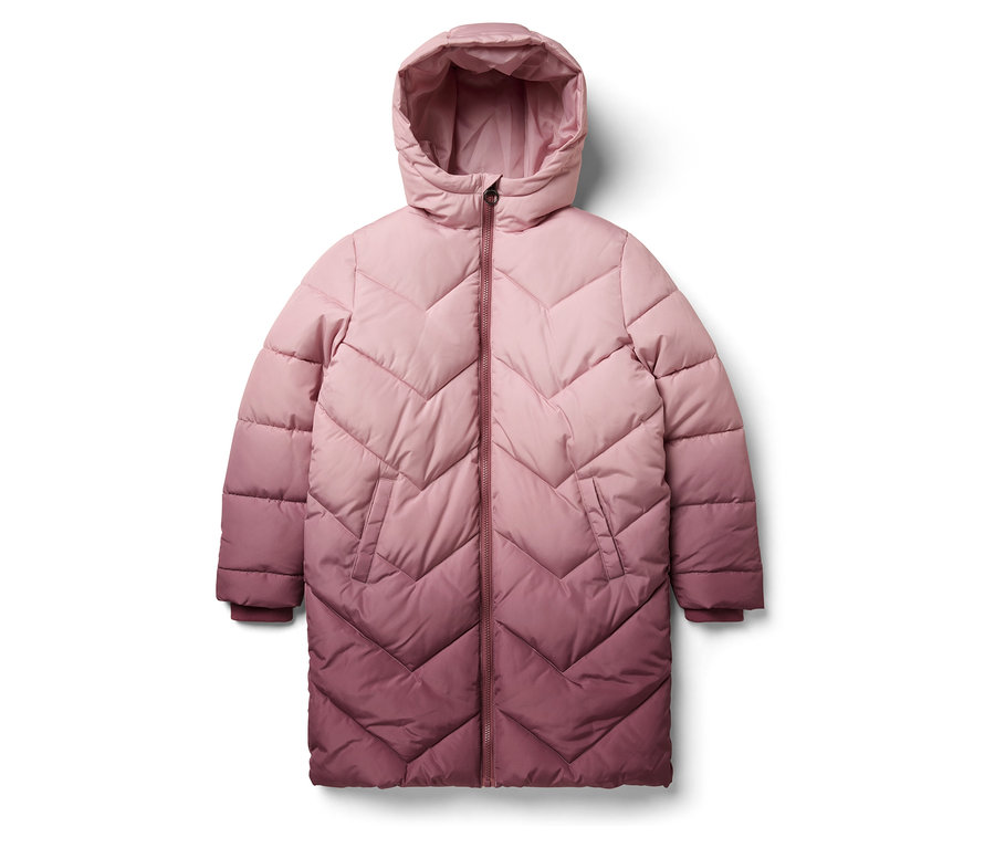 Růžová prošívaná bunda s kapucí a zipem.