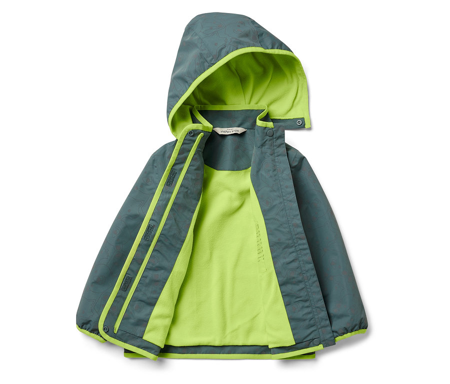 Zelená bunda s kapucí a šedým vzorem.