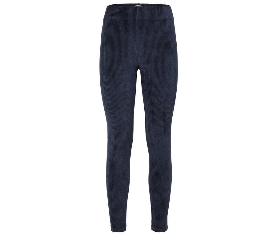 Modré manšestrové legíny na bílém pozadí.