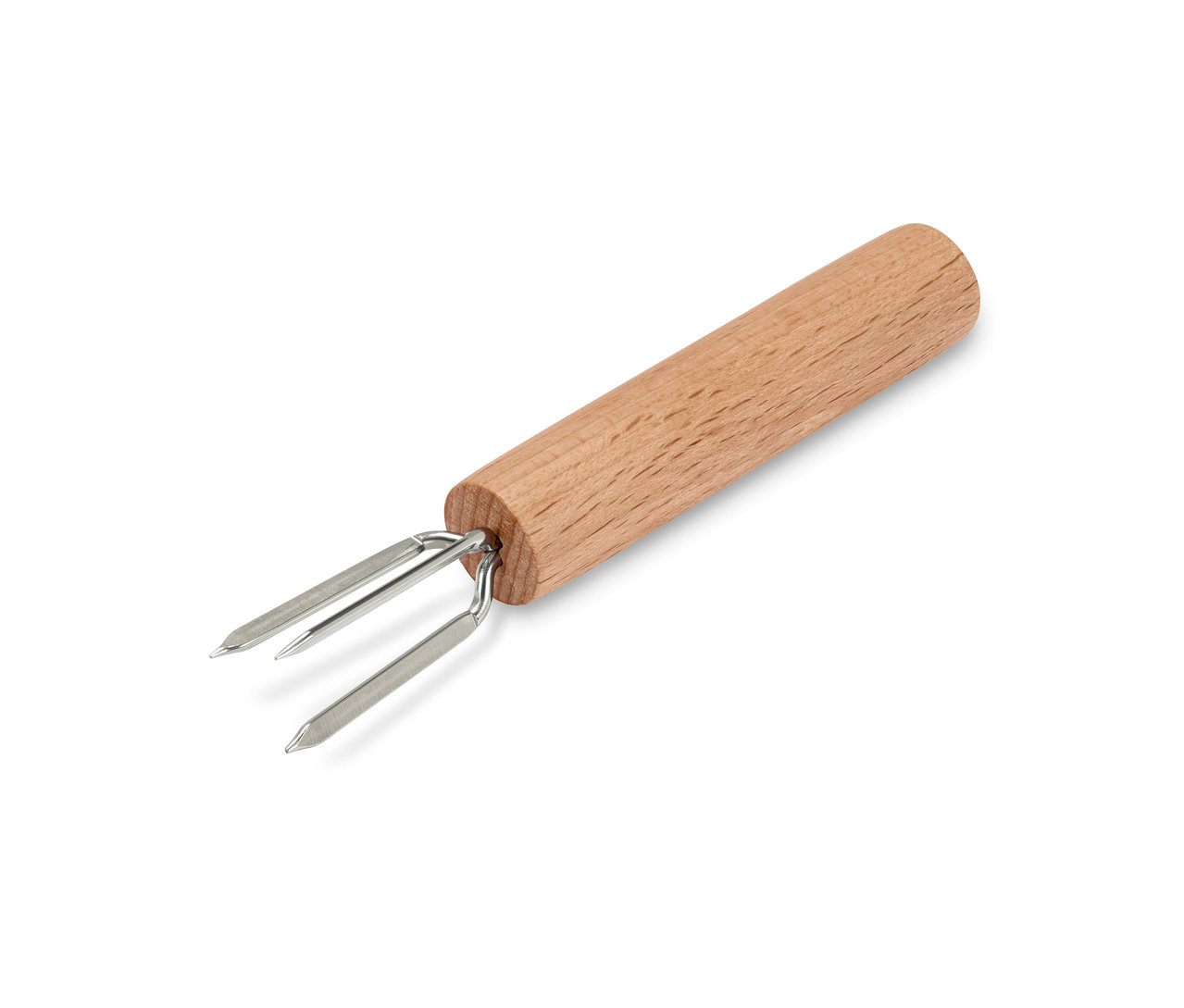 Jeden držák na kukuřici s dřevěnou rukojetí a dvěma stříbrnými hroty.