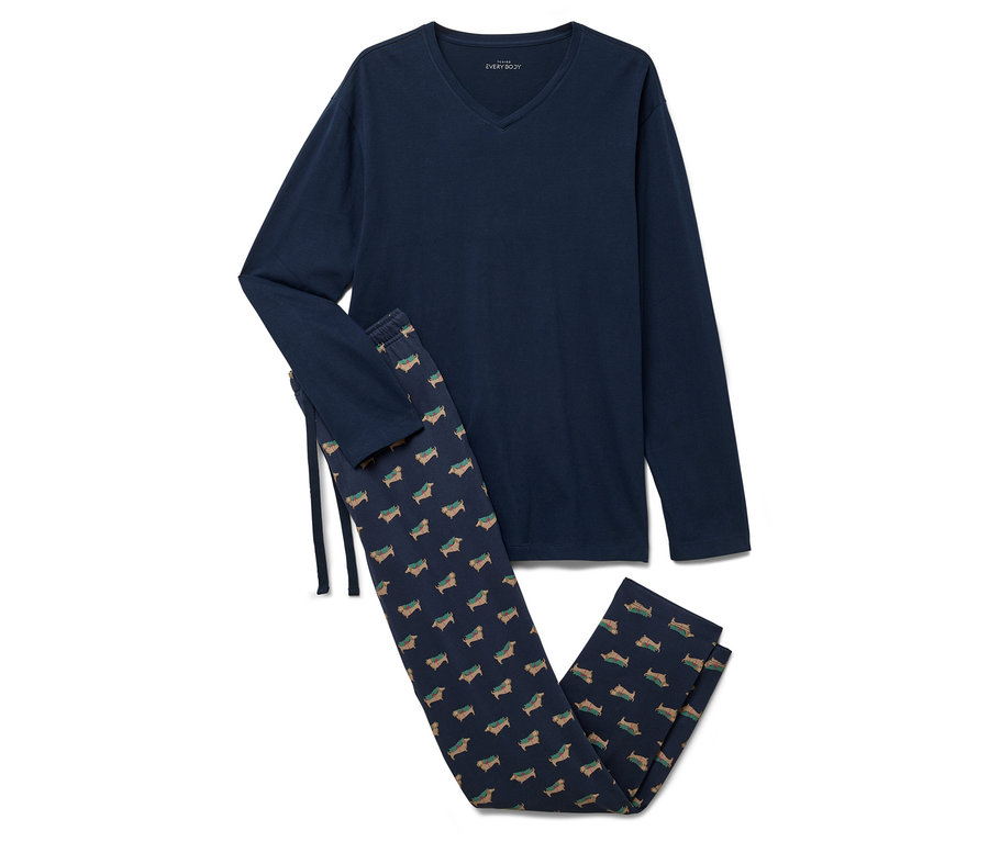 Sada tmavě modrého pyžama s dlouhým rukávem a kalhotami se vzorem jezevčíků.
