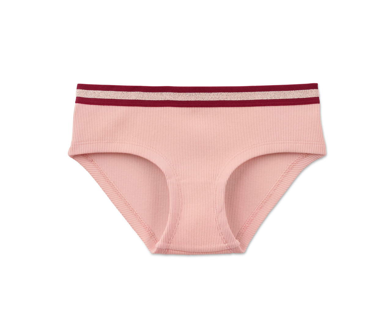Růžové kalhotky hipster s bordó-zlatým pasem.