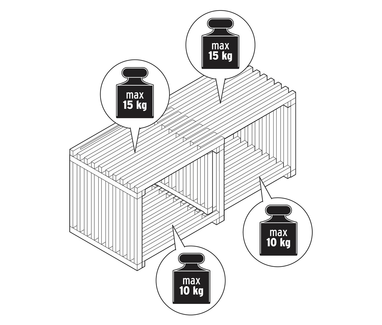Pohled shora na rozkládací konferenční stolek s údaji o hmotnosti.