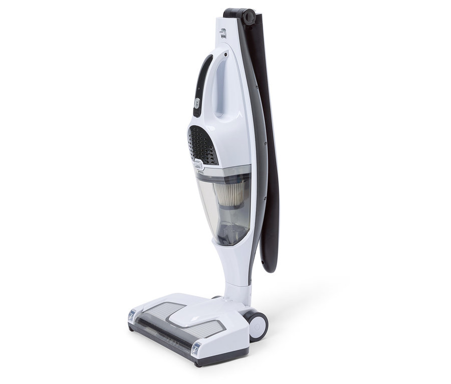 Bílý a černý vysavač stojí na bílém pozadí.