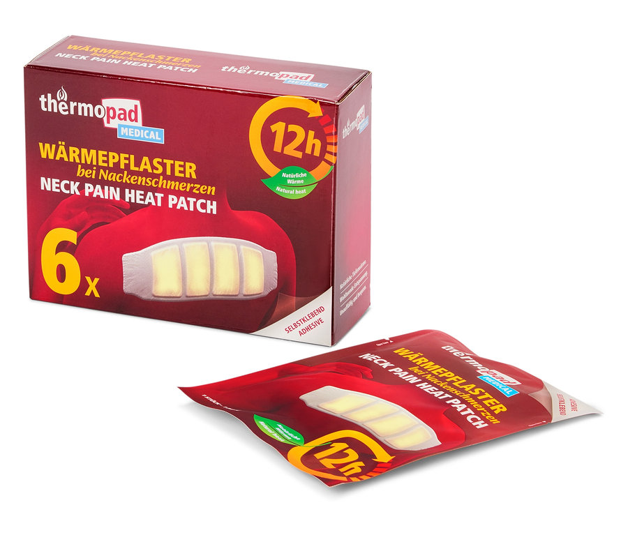 Je vidět balení a jedna náplast Thermopad MEDICAL na bolest krční páteře.