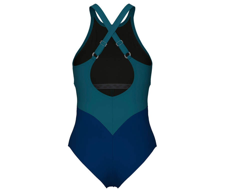 Pohled zezadu na tmavě modro-tyrkysové plavky s překříženými ramínky.