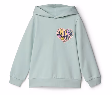 Světle zelená dětská mikina s kapucí SMILEYWORLD® s barevnou grafikou ve tvaru srdce na levé straně hrudi, zobrazující nápis 'SMILEY WORLD' a smajlíka.