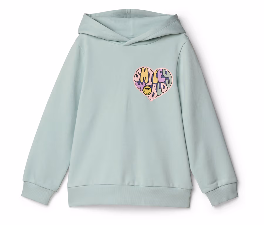 Světle zelená dětská mikina s kapucí SMILEYWORLD® s barevnou grafikou ve tvaru srdce na levé straně hrudi, zobrazující nápis 'SMILEY WORLD' a smajlíka.