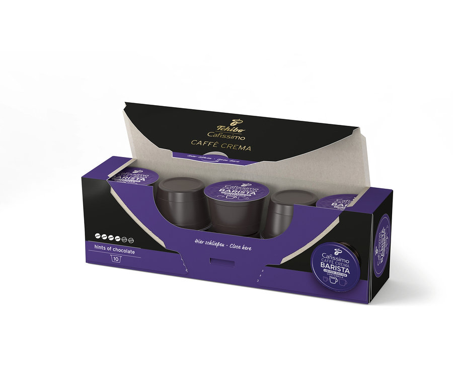 Otevřené balení Cafissimo Caffè Crema BARISTA Guatemala – 10 kapslí s hnědými kapslemi uvnitř.